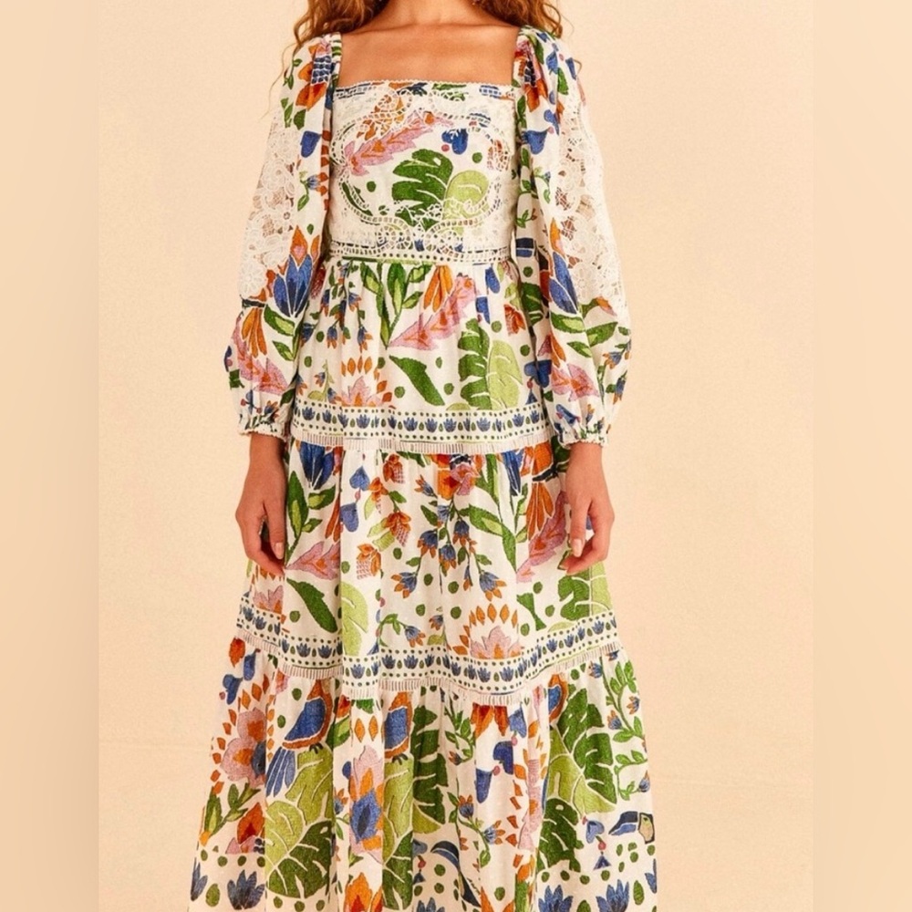 FARM Rio Green and Blue Tiered Midi Sundress